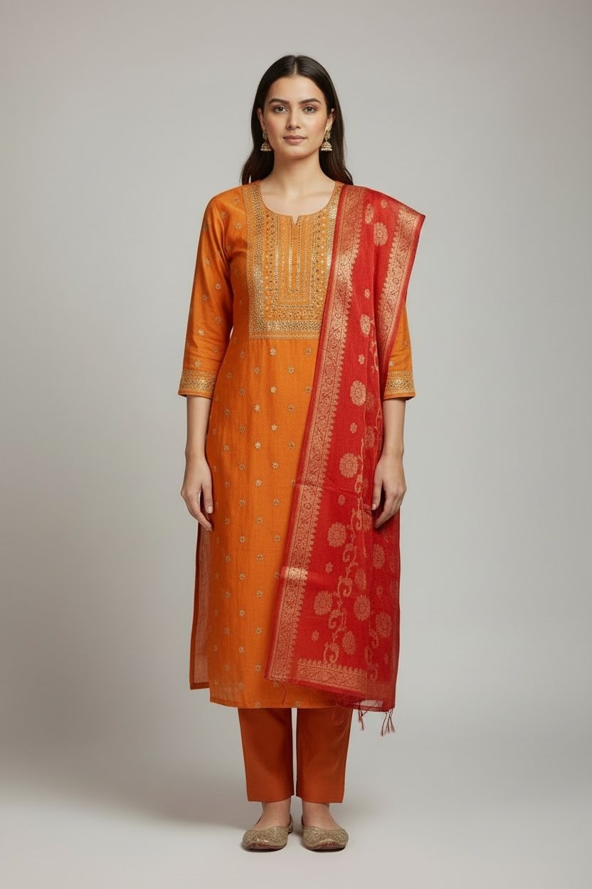 Sunset Elegance Chanderi Silk Suit Set with Banarasi Dupatta