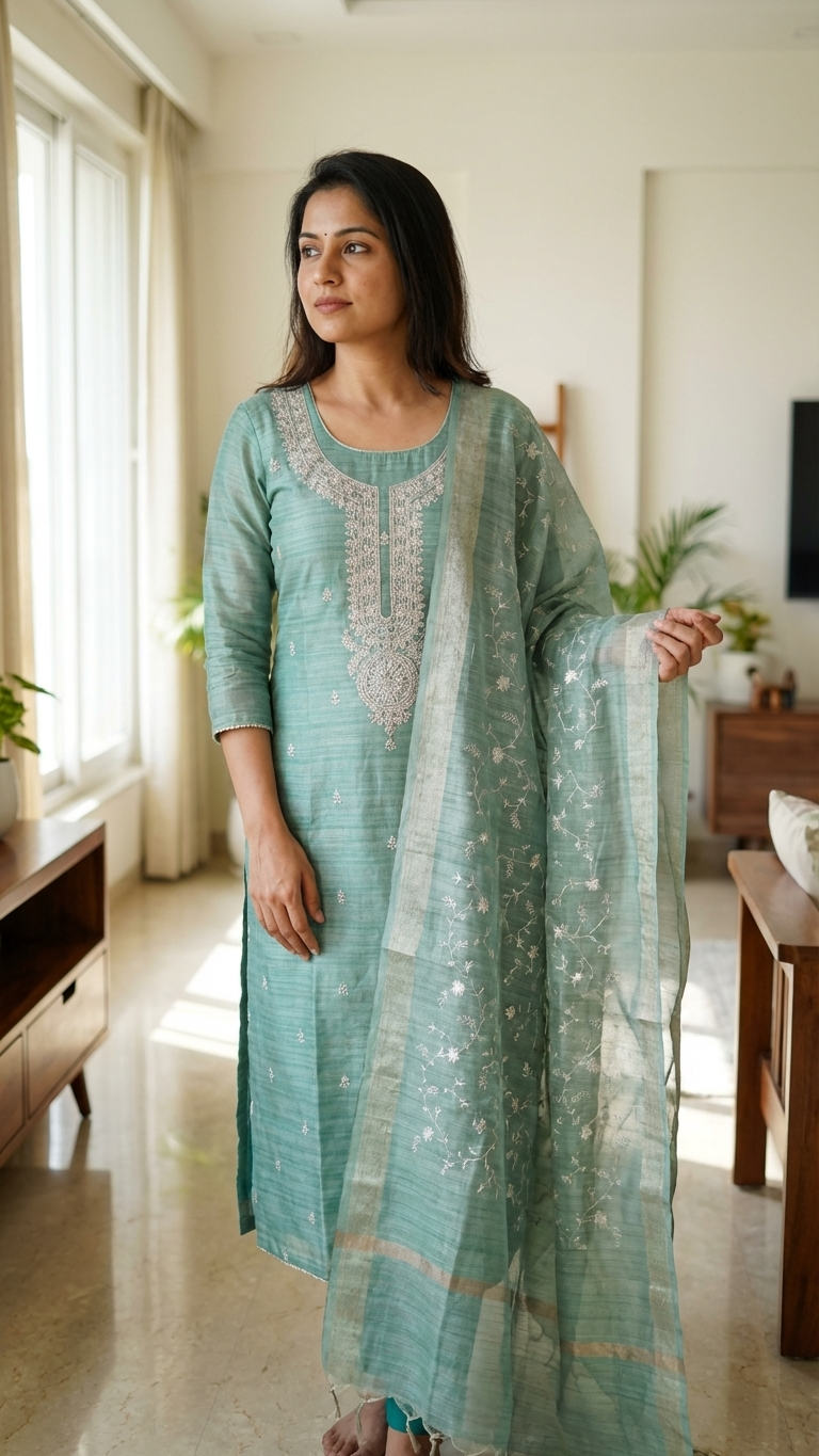 Mint Royale Tissue Silk Suit Set with Embroidered Silk Dupatta