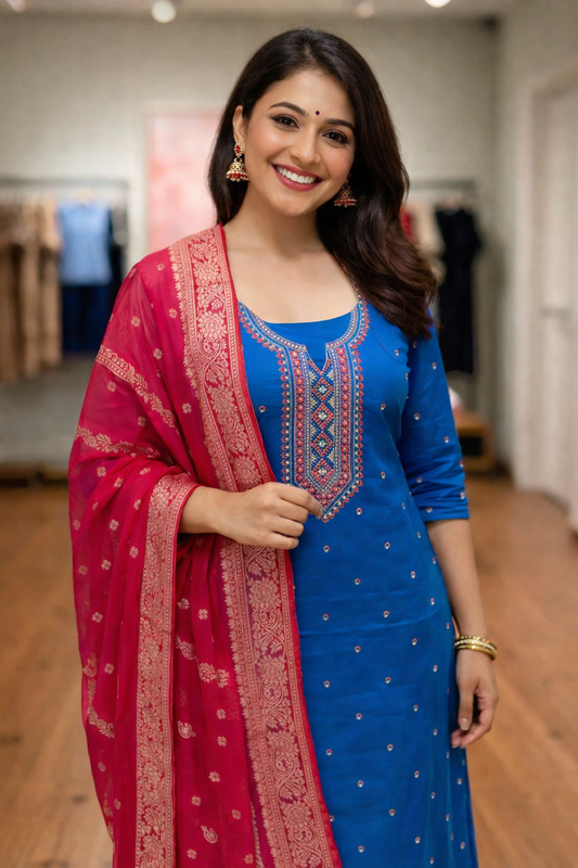 Royal Azure Cotton Suit Set with Silk Heritage Dupatta