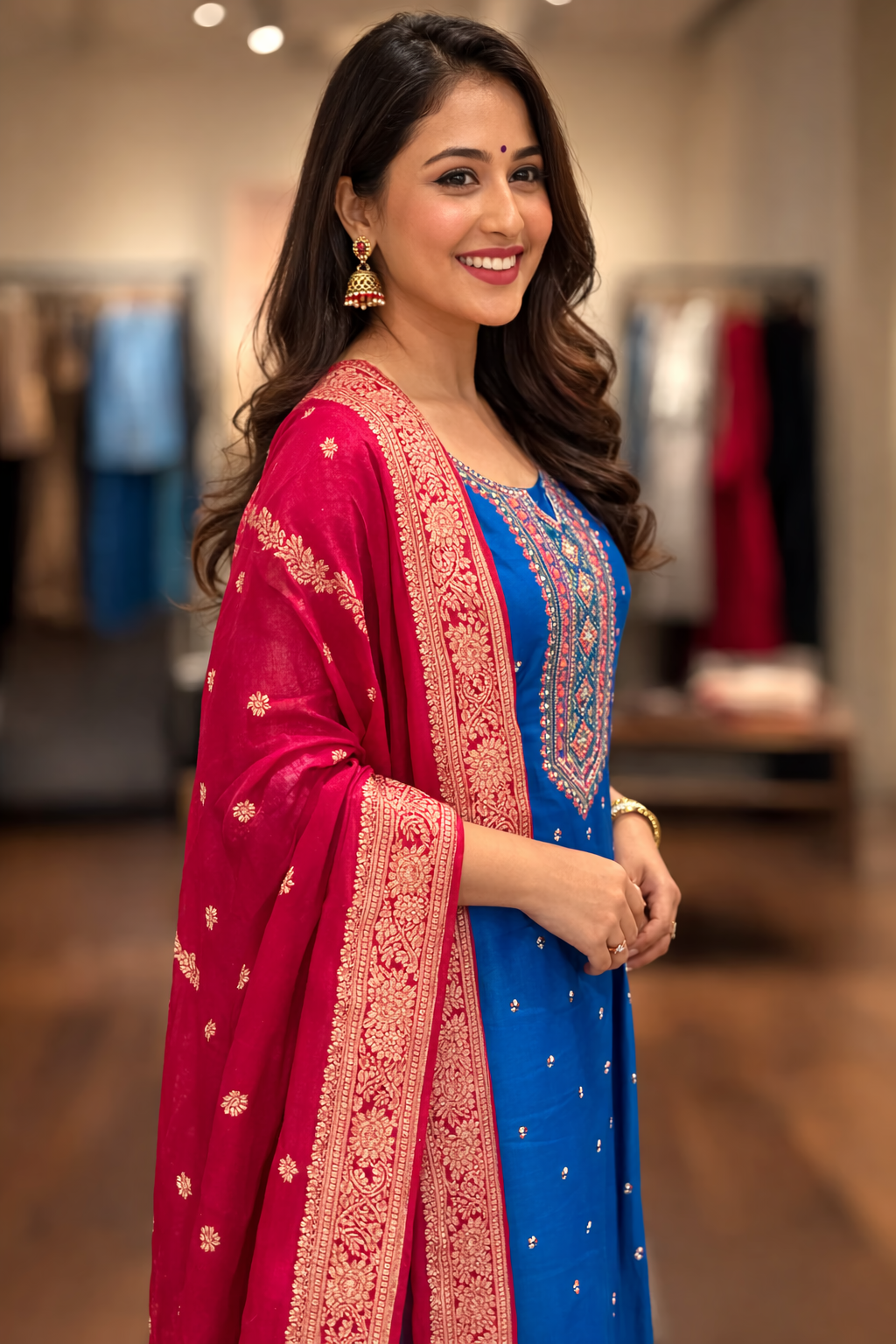 Royal Azure Cotton Suit Set with Silk Heritage Dupatta