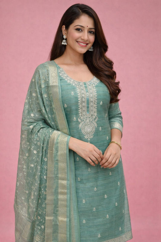 Mint Royale Tissue Silk Suit Set with Embroidered Silk Dupatta