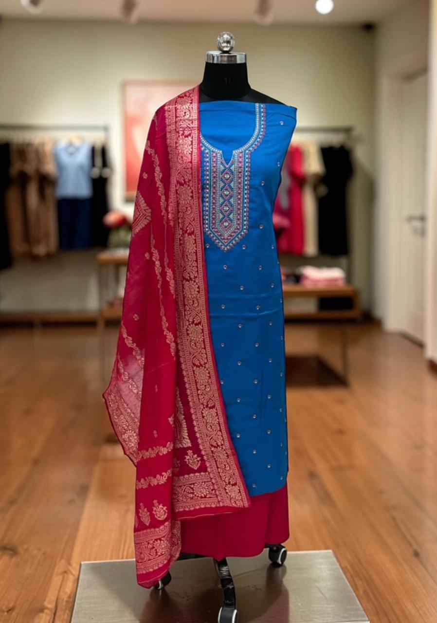 Royal Azure Cotton Suit Set with Silk Heritage Dupatta