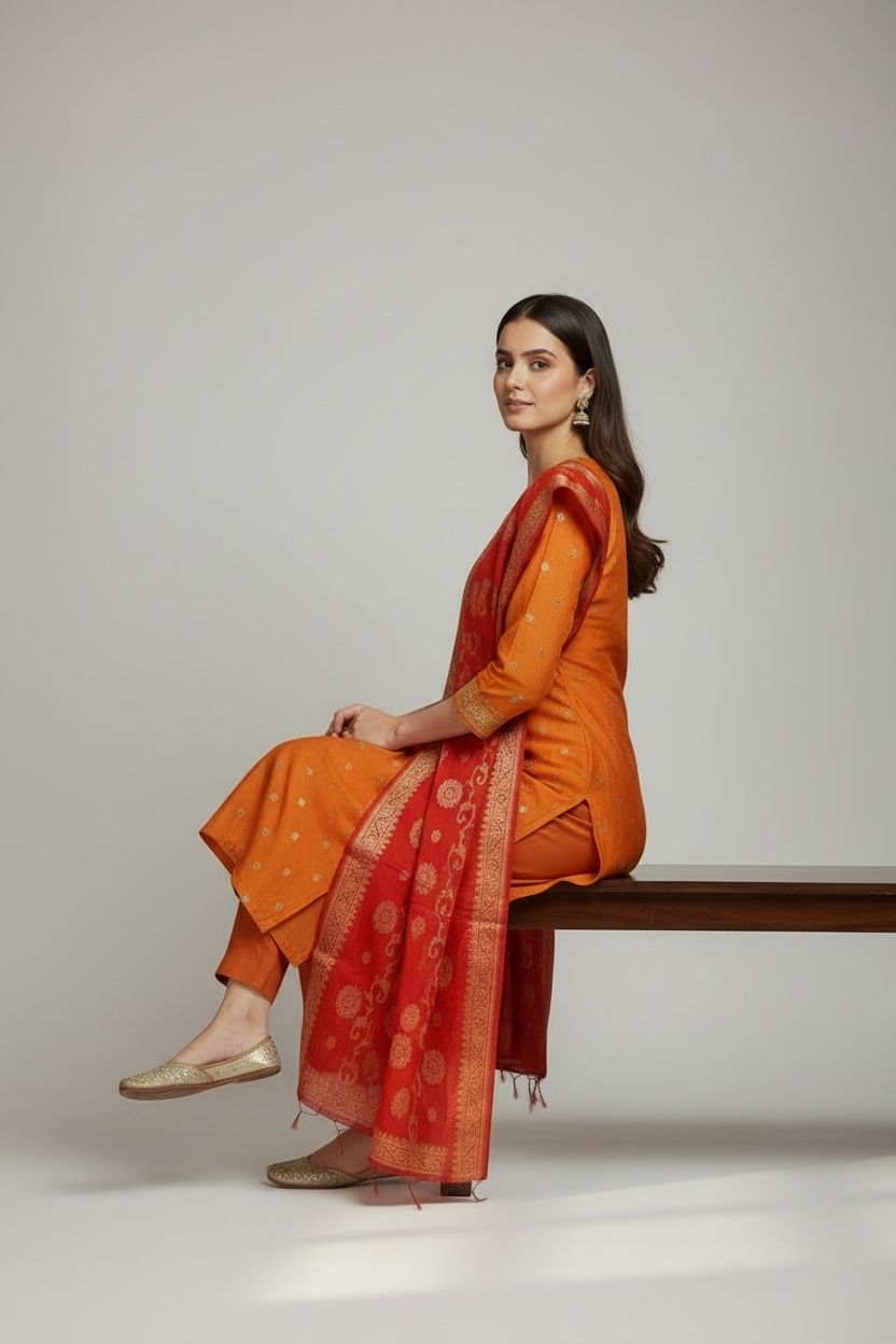Sunset Elegance Chanderi Silk Suit Set with Banarasi Dupatta