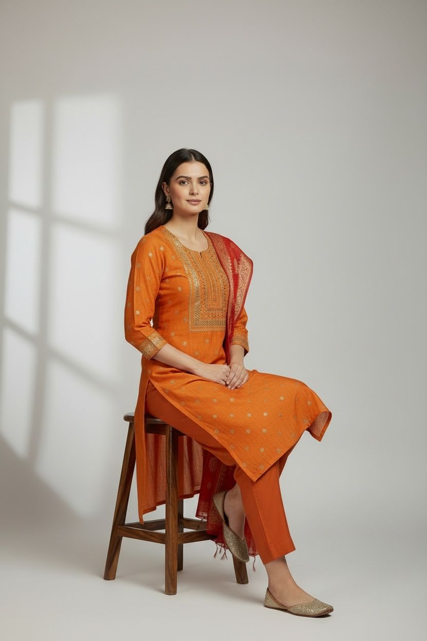 Sunset Elegance Chanderi Silk Suit Set with Banarasi Dupatta