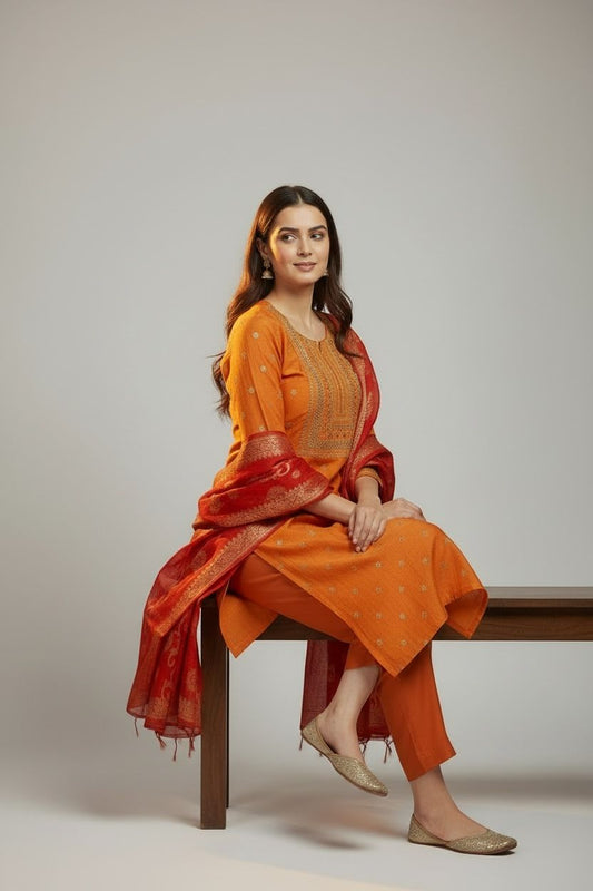 Sunset Elegance Chanderi Silk Suit Set with Banarasi Dupatta
