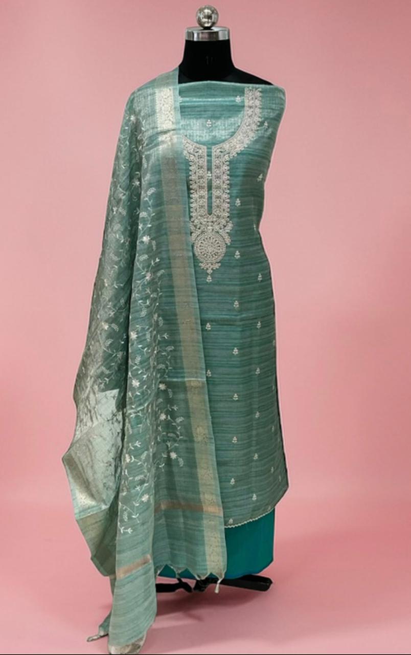 Mint Royale Tissue Silk Suit Set with Embroidered Silk Dupatta