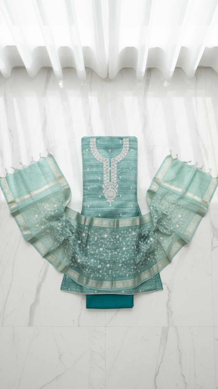 Mint Royale Tissue Silk Suit Set with Embroidered Silk Dupatta
